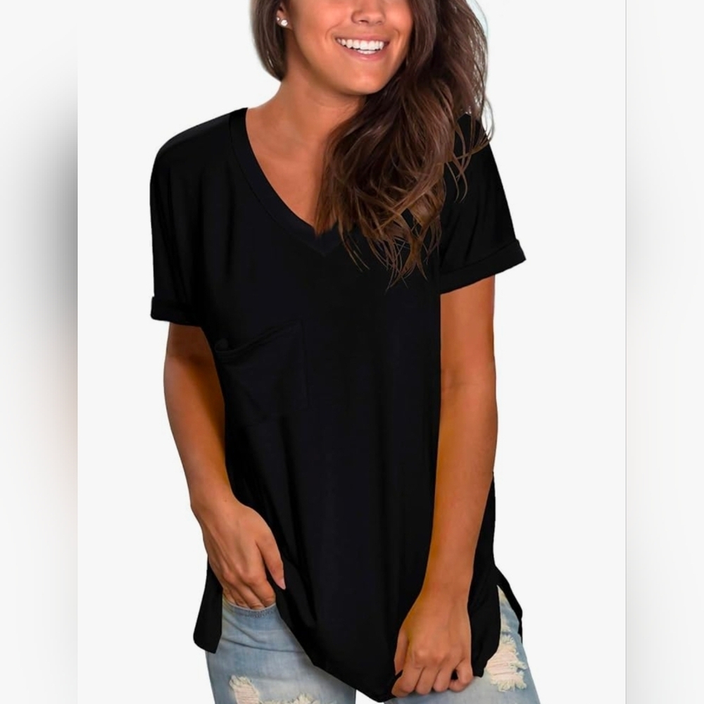 black Oversized V-neck t-shirt with rolled sleeves and a side pocket. Small
